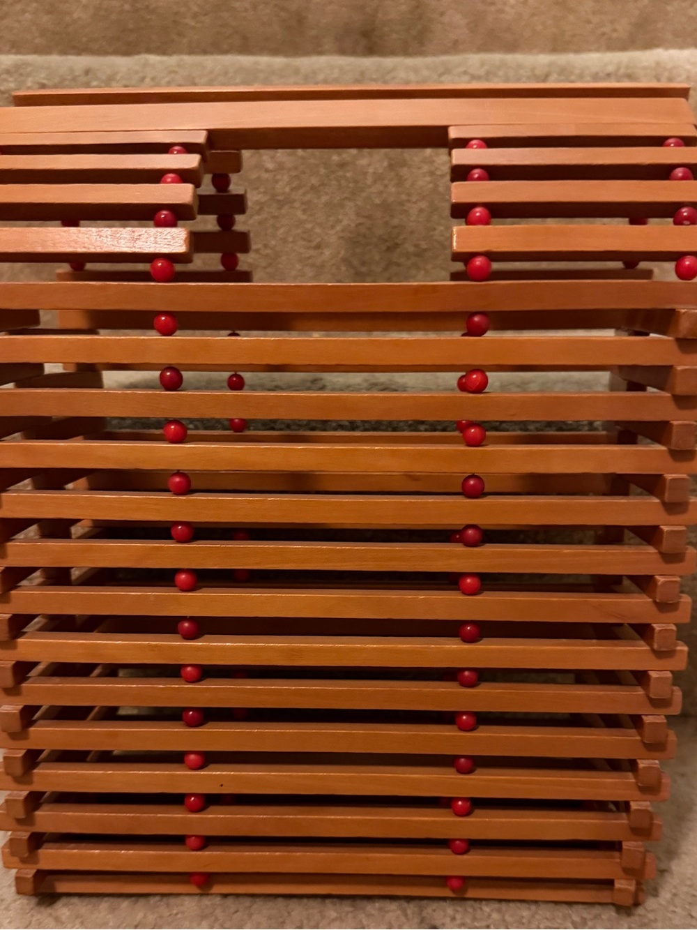 Wood Slat Decorative Storage Basket - Light Brown with Red Accents